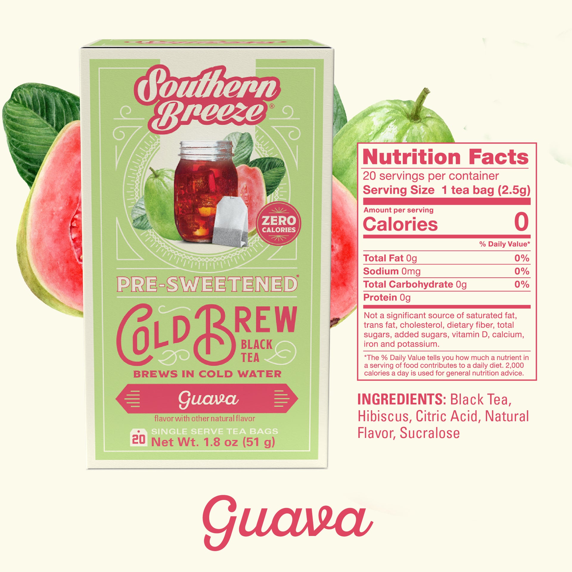 Southern Breeze Guava pre-sweetened cold brew black tea package with nutrition facts.