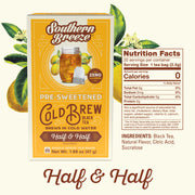 Southern Breeze Half & Half pre-sweetened cold brew black tea package with nutrition facts label.
