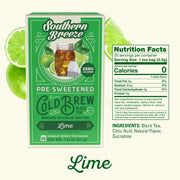 Southern Breeze Lime Cold Brew Black Tea package with nutrition facts on a white background