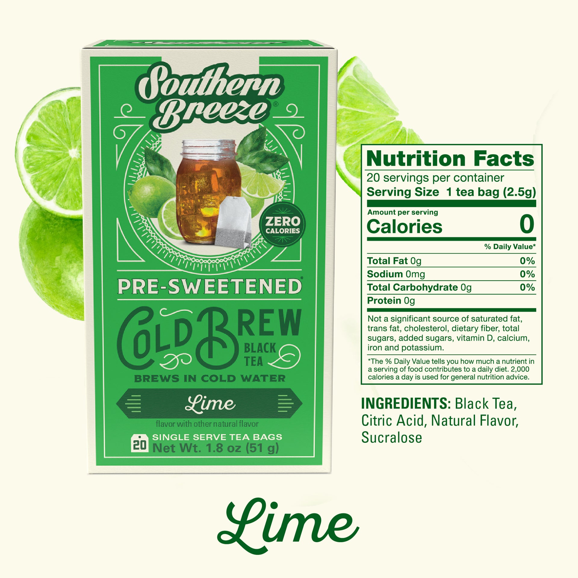 Southern Breeze Lime Cold Brew Black Tea package with nutrition facts on a white background