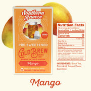 Southern Breeze Mango pre-sweetened cold brew black tea package with nutrition facts on a white background