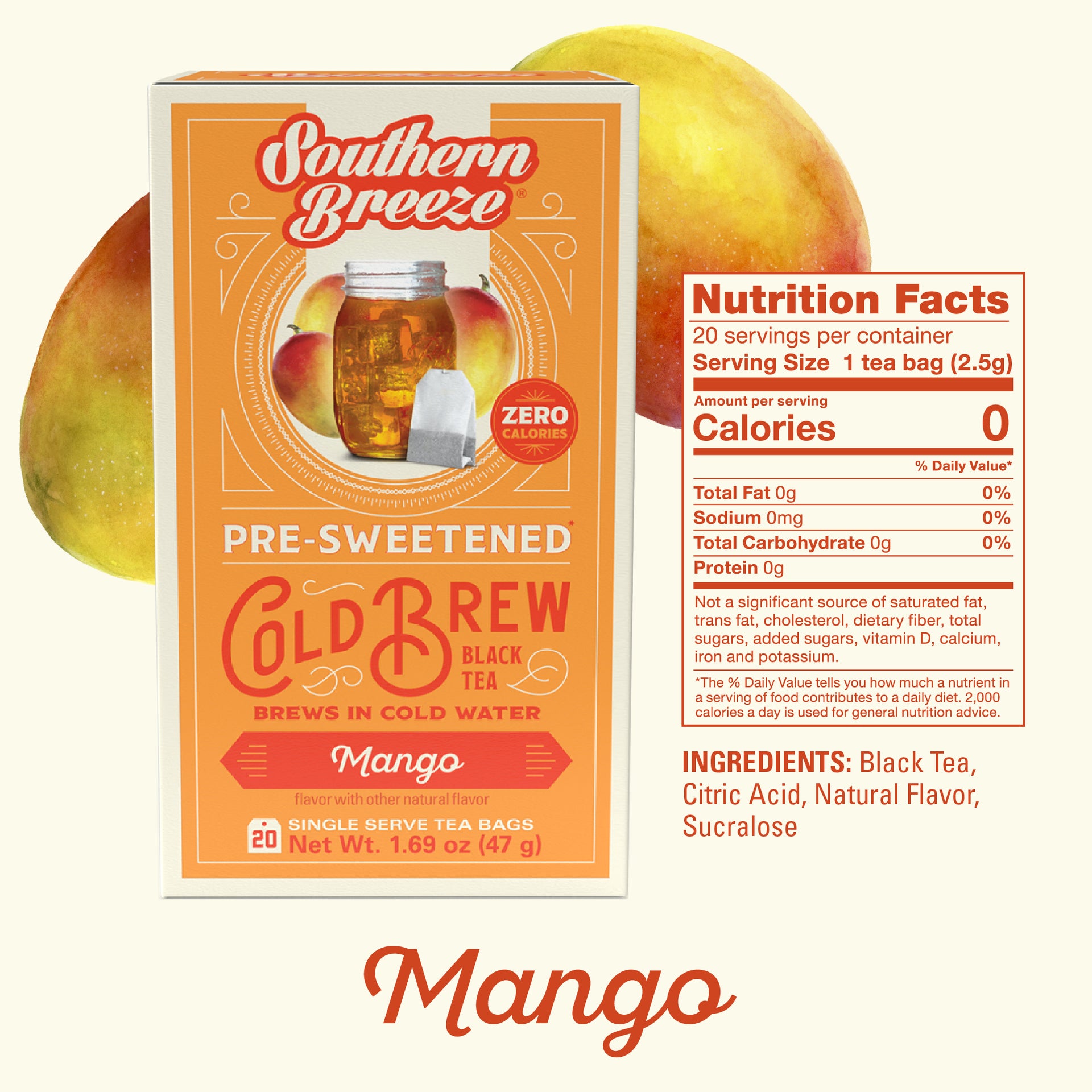 Southern Breeze Mango pre-sweetened cold brew black tea package with nutrition facts on a white background