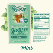 Southern Breeze Mint pre-sweetened cold brew black tea packaging with nutrition facts label. 