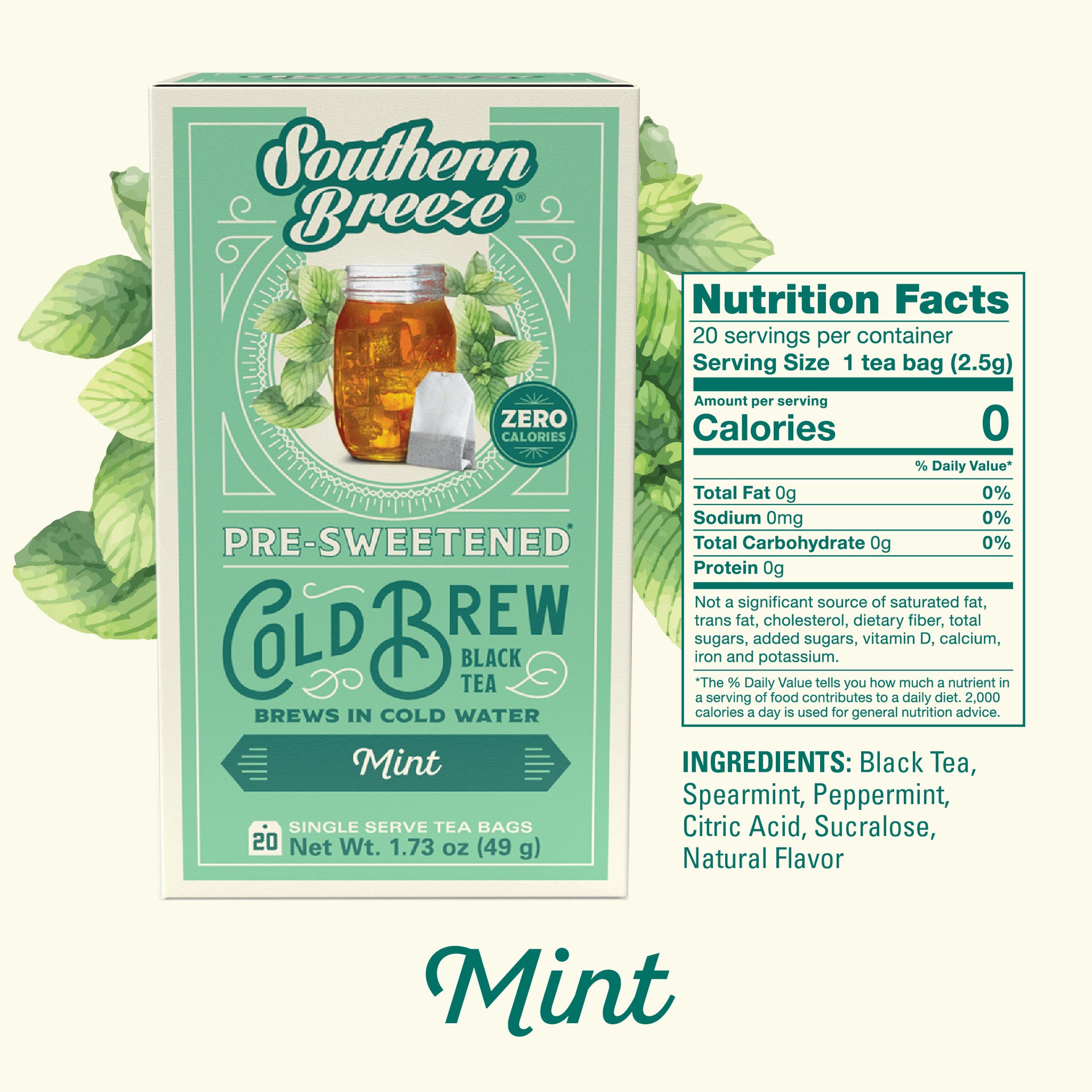 Southern Breeze Mint pre-sweetened cold brew black tea packaging with nutrition facts label. 