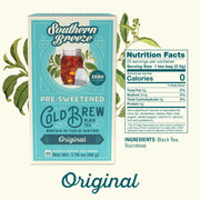 Box of Southern Breeze pre-sweetened cold brew black tea with nutrition facts and ingredients listed.