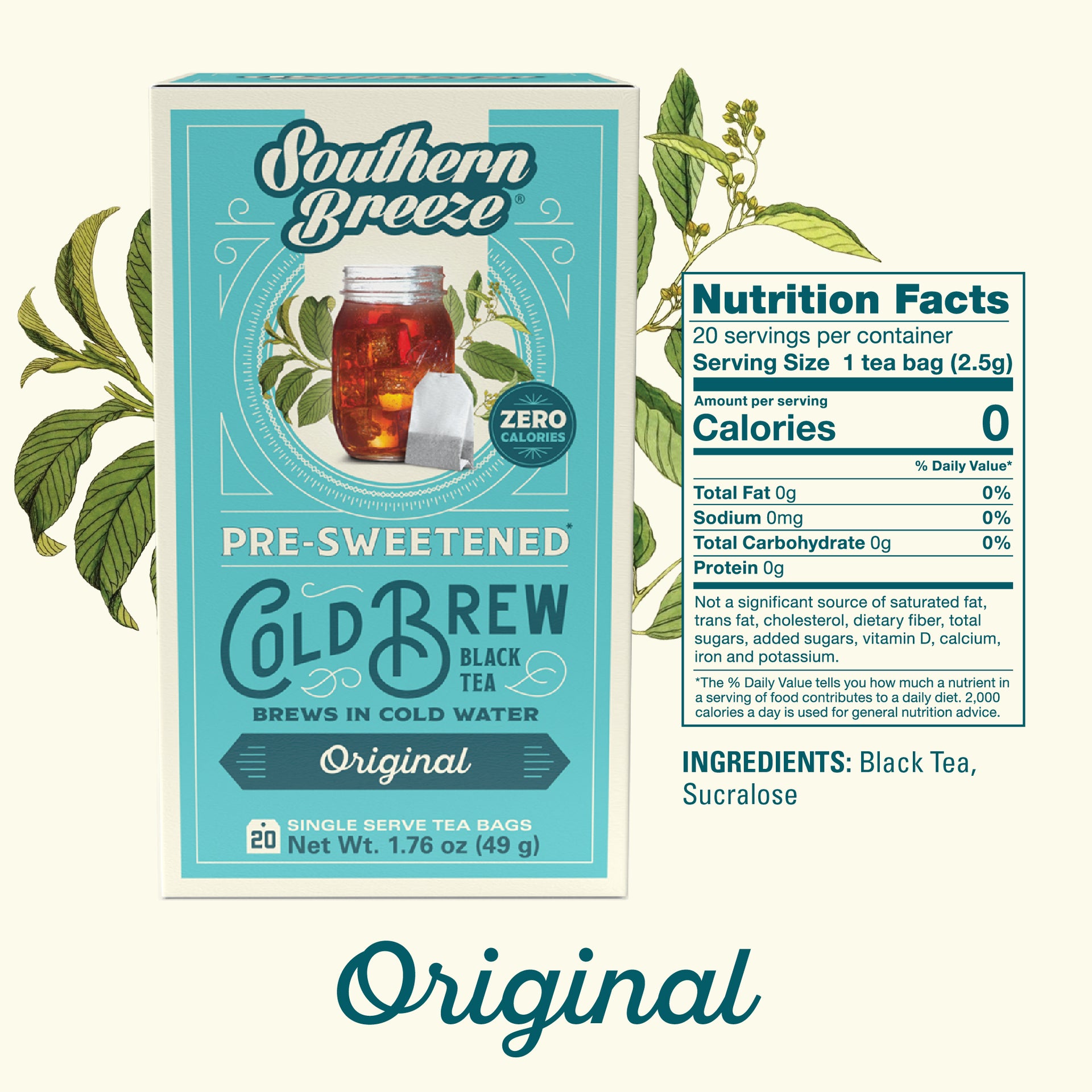 Box of Southern Breeze pre-sweetened cold brew black tea with nutrition facts and ingredients listed.