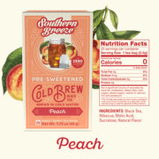 Southern Breeze Peach pre-sweetened cold brew black tea package with nutrition facts on a white background