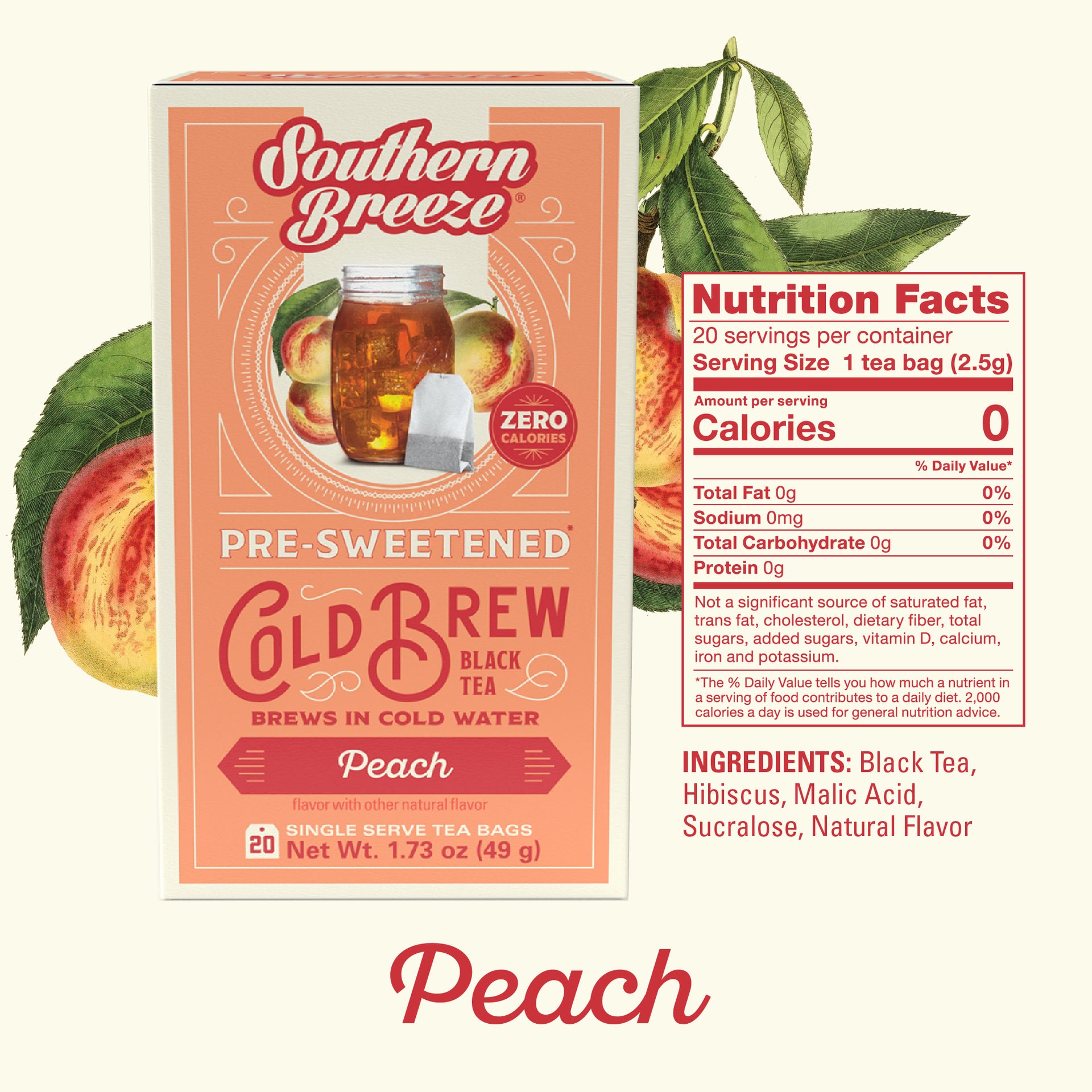 Southern Breeze Peach pre-sweetened cold brew black tea package with nutrition facts on a white background