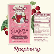 Southern Breeze Raspberry Cold Brew Black Tea packaging with nutrition facts on a white background