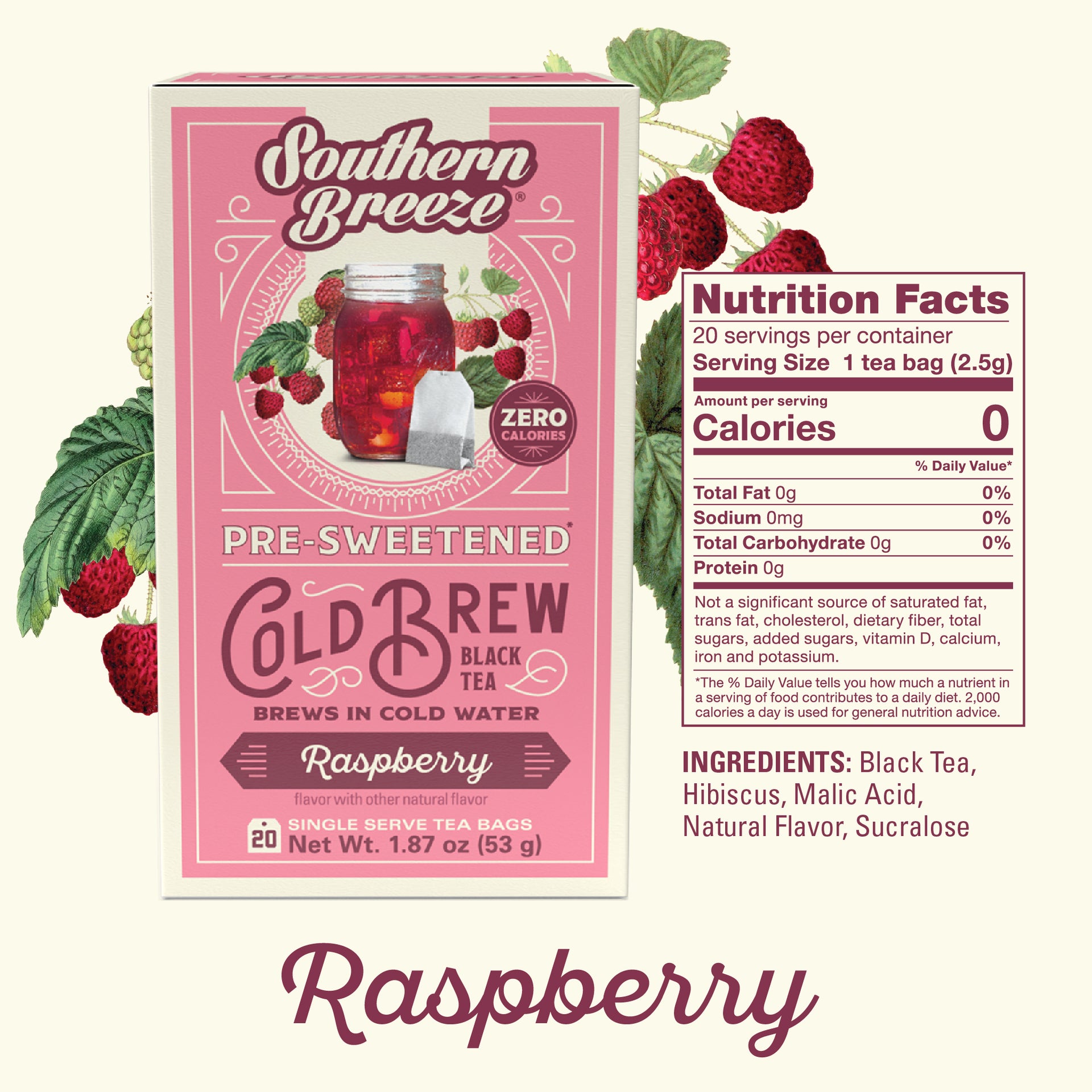 Southern Breeze Raspberry Cold Brew Black Tea packaging with nutrition facts on a white background