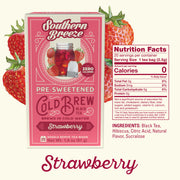 Southern Breeze Strawberry pre-sweetened cold brew black tea package with nutrition facts label.