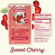 Southern Breeze Sweet Cherry pre-sweetened cold brew black tea package with nutrition facts on a white background.