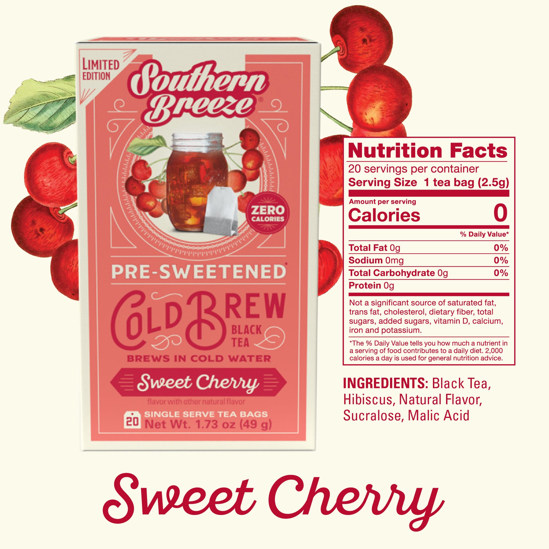 Southern Breeze Sweet Cherry pre-sweetened cold brew black tea package with nutrition facts on a white background.