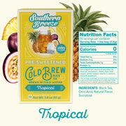 Southern Breeze Tropical pre-sweetened cold brew black tea package with nutritional information.