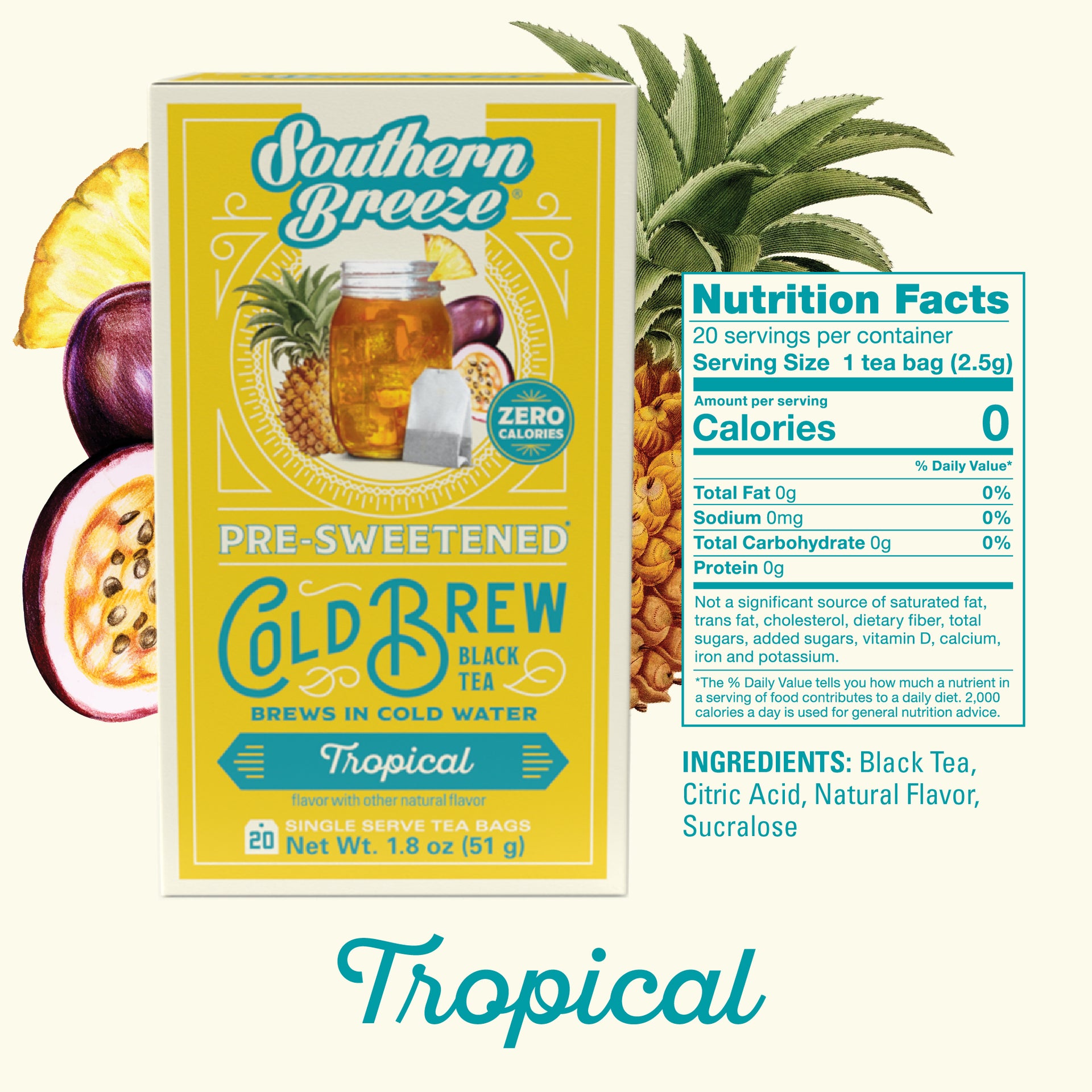 Southern Breeze Tropical pre-sweetened cold brew black tea package with nutritional information.