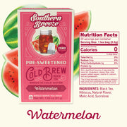 Southern Breeze Watermelon tea package with nutrition facts and watermelon slices on a white background