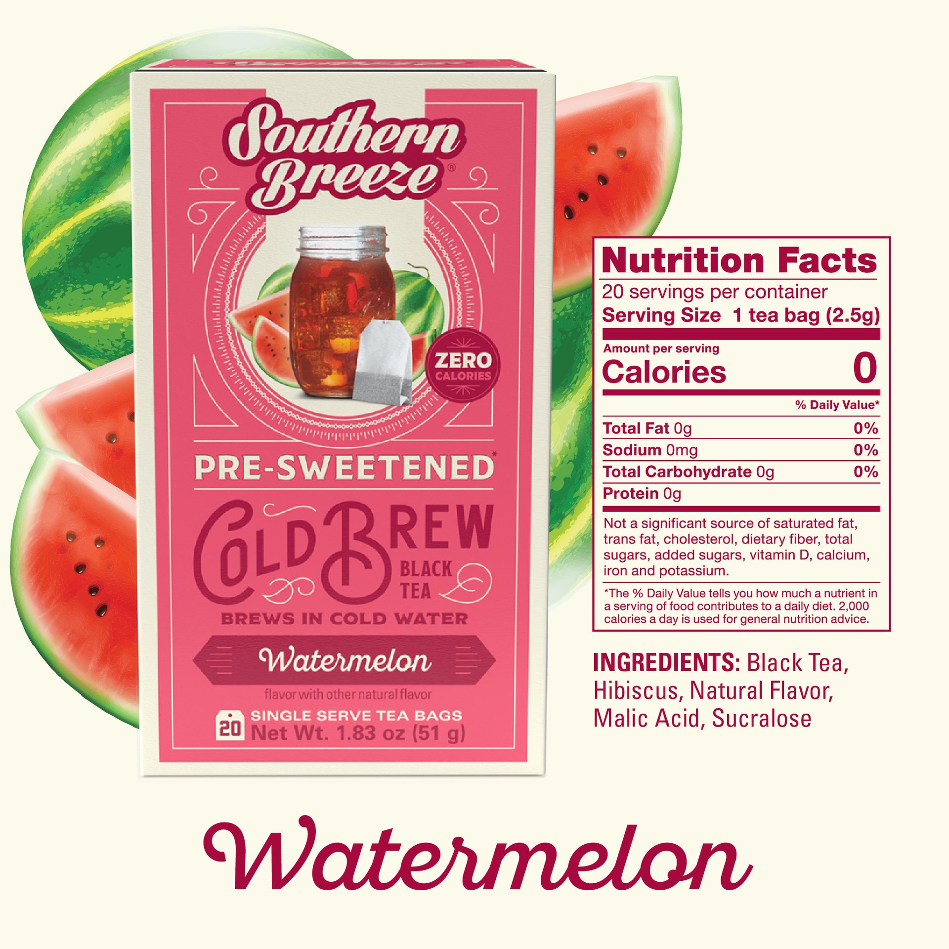 Southern Breeze Watermelon tea package with nutrition facts and watermelon slices on a white background