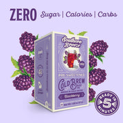 Southern Breeze Blackberry pre-sweetened cold brew tea package on a purple background with blackberries. Ready in 5 minutes, Zero sugar, zero calories, zero carbs.