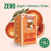 Southern Breeze Blood Orange Cold Brew tea package with oranges on a beige background. Ready in 5 minutes, Zero sugar, zero calories, zero carbs.