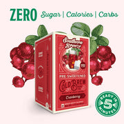 Red box of Southern Breeze Cranberry pre-sweetened cold brew tea with cranberries and green leaves on a white background. Ready in 5 minutes, Zero sugar, zero calories, zero carbs.