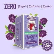 Southern Breeze Cold Brew Decaf Blackberry tea package with blackberries on a purple background. Ready in 5 minutes, Zero sugar, zero calories, zero carbs.