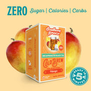 Box of Southern Breeze Cold Brew Decaffeinated Black Tea with mango flavor, surrounded by mangoes on a beige background. Ready in 5 minutes, Zero sugar, zero calories, zero carbs.