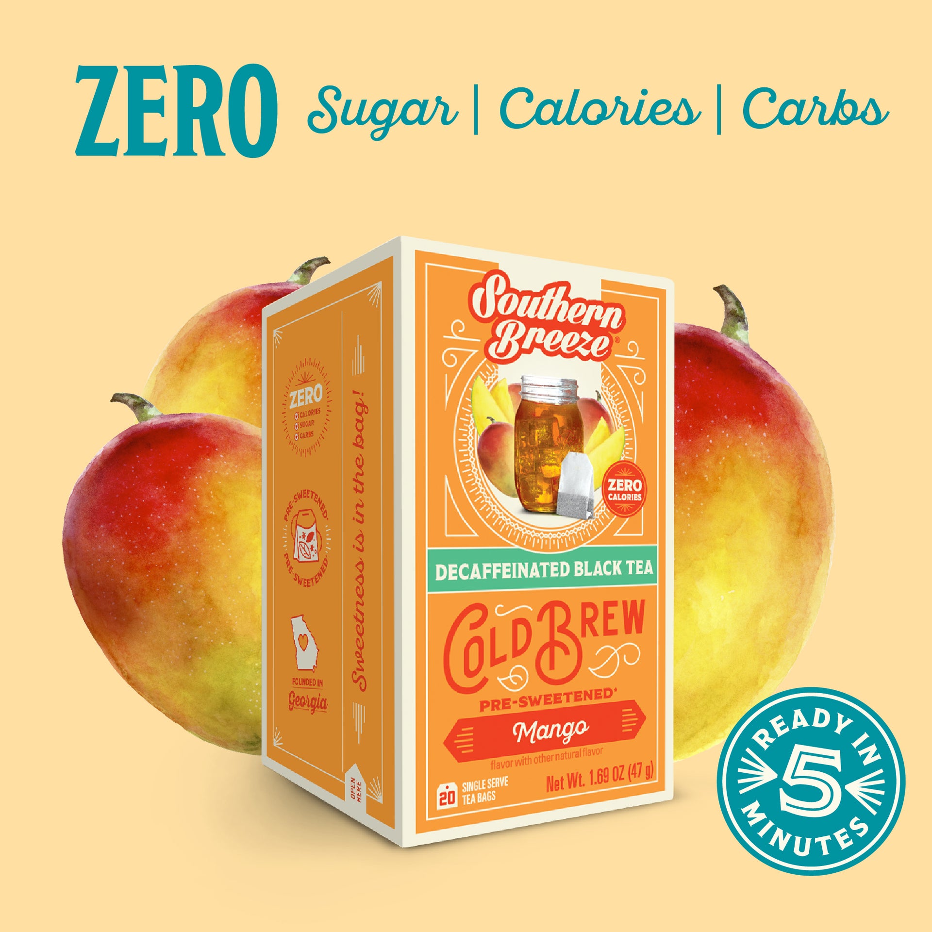 Box of Southern Breeze Cold Brew Decaffeinated Black Tea with mango flavor, surrounded by mangoes on a beige background. Ready in 5 minutes, Zero sugar, zero calories, zero carbs.