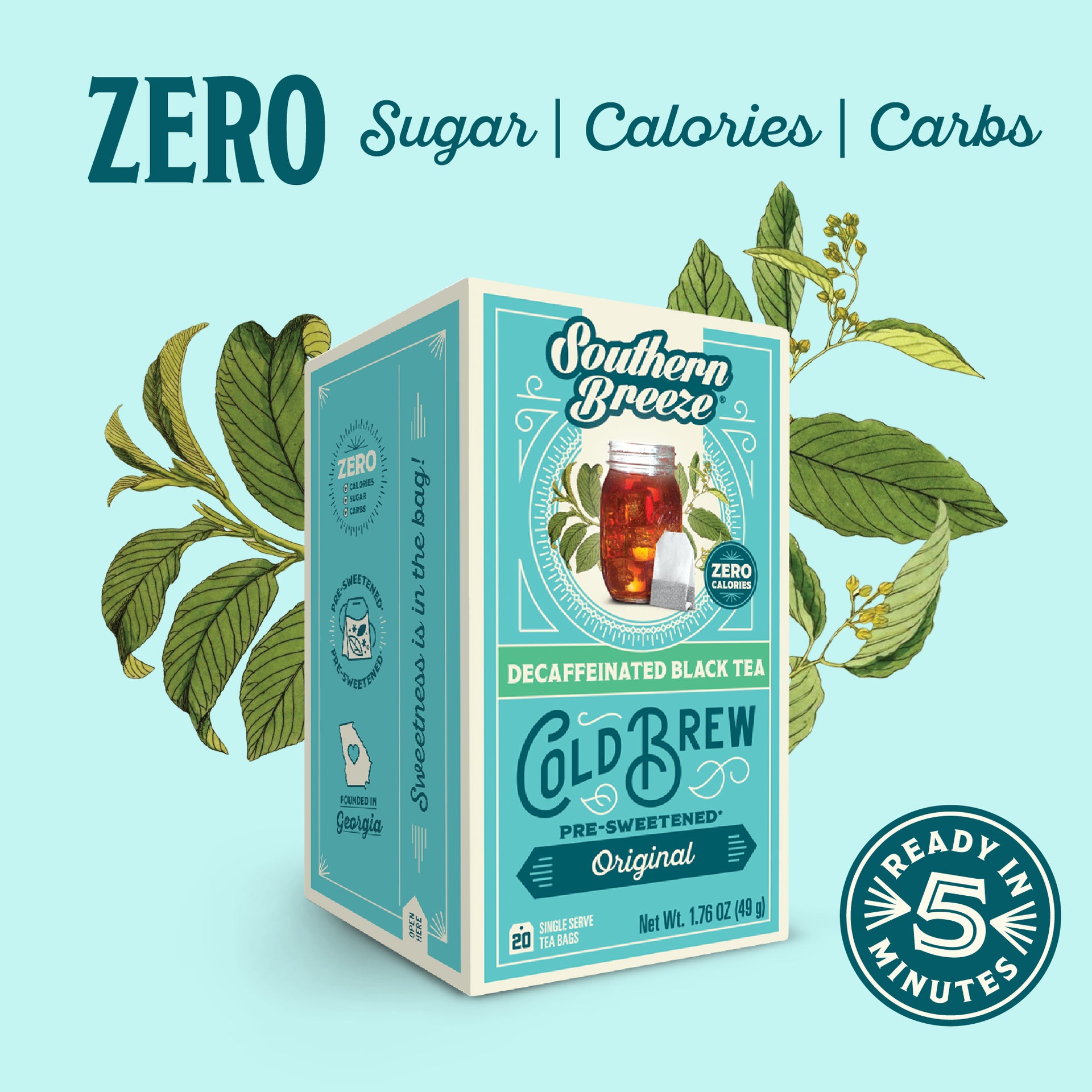 Box of Southern Breeze Decaffeinated Original Cold Brew tea with leaf graphics on a light blue background. Ready in 5 minutes, Zero sugar, zero calories, zero carbs.