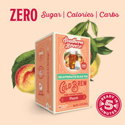 Southern Breeze Decaf Cold Brew Peach tea box with peach and lemon graphics on a beige background. Ready in 5 minutes, Zero sugar, zero calories, zero carbs.