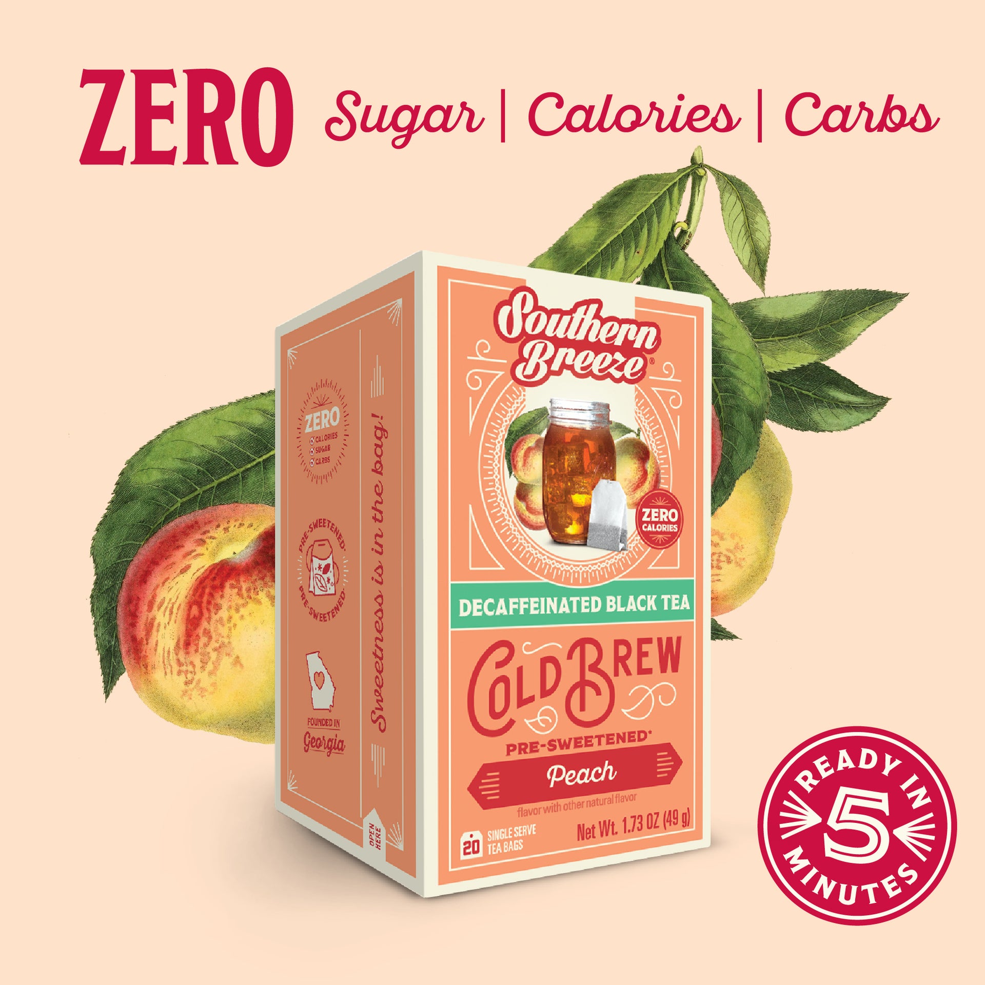 Southern Breeze Decaf Cold Brew Peach tea box with peach and lemon graphics on a beige background. Ready in 5 minutes, Zero sugar, zero calories, zero carbs.