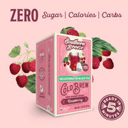 Southern Breeze Decaf Cold Brew raspberry tea package with raspberries on a pink background. Ready in 5 minutes, Zero sugar, zero calories, zero carbs.