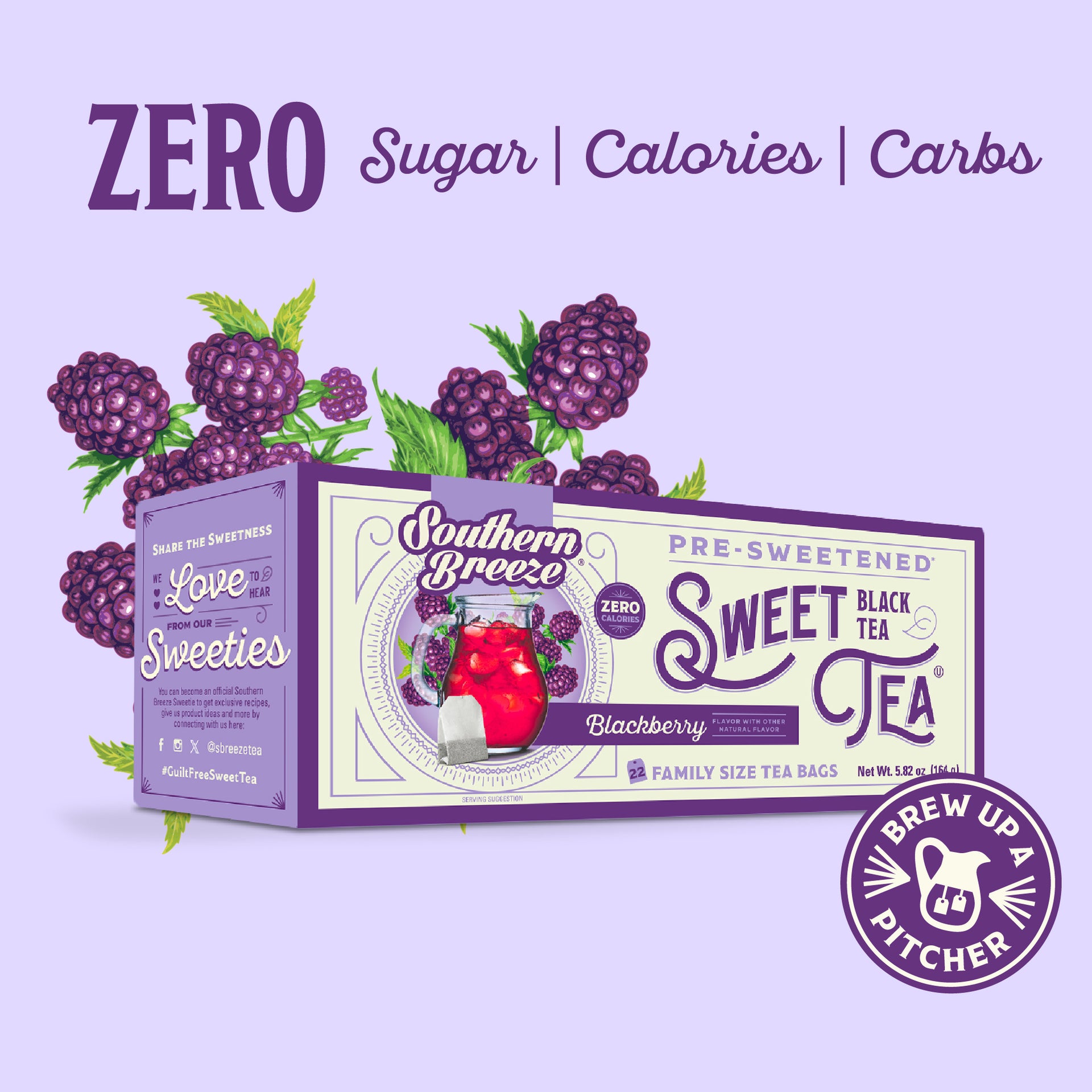 Southern Breeze Blackberry Sweet Tea Family Size Tea Bags packaging with blackberries on a purple background. Zero sugar, zero calories, zero carbs. Brew up a pitcher.