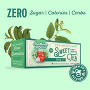 Box of Southern Breeze Decaf Family Size Sweet Tea with green leaves on a light green background. Zero sugar, zero calories, zero carbs. Brew up a pitcher.
