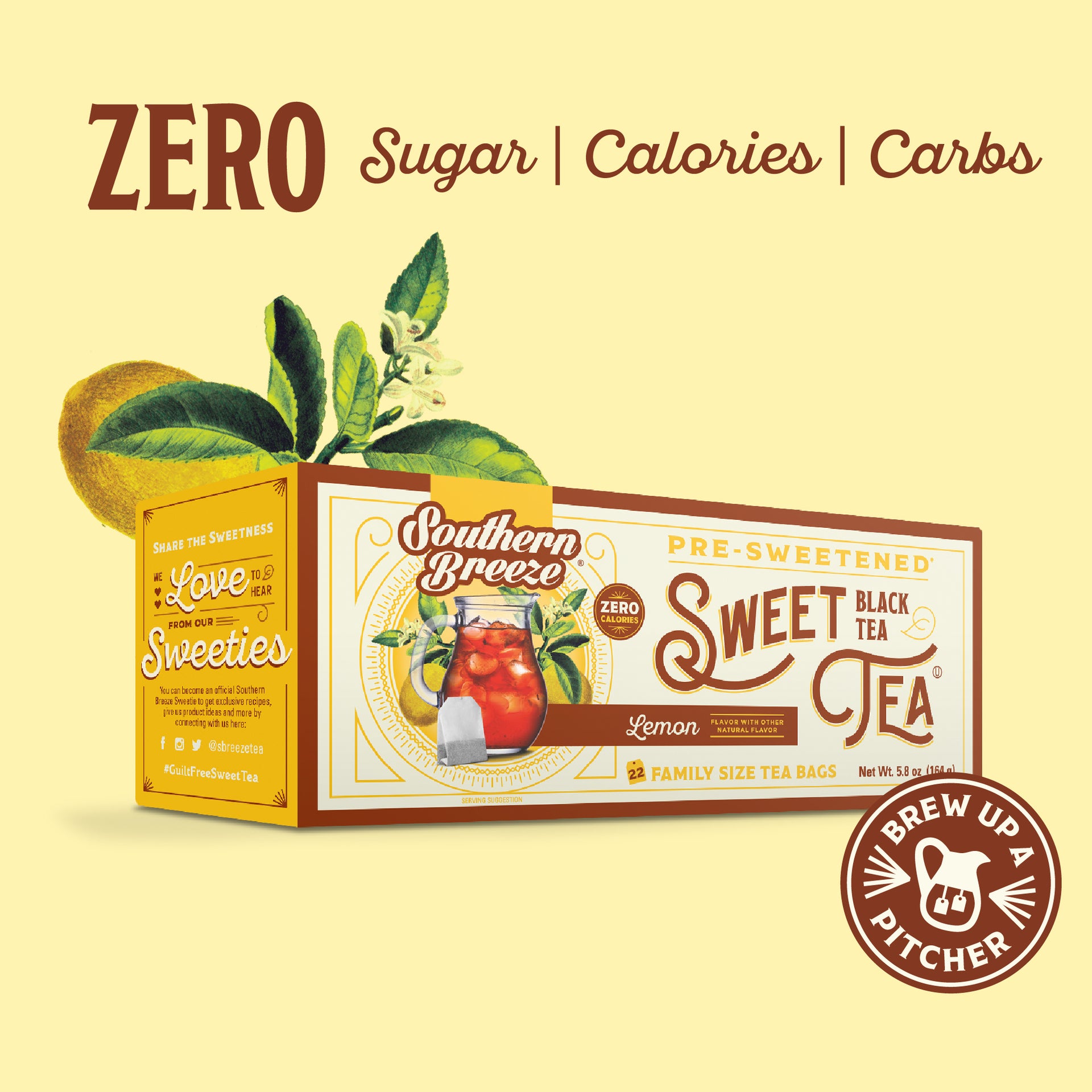 Box of Southern Breeze Sweet Tea Family Size in Lemon flavor with lemon and tea bag illustration on a yellow background. Zero sugar, zero calories, zero carbs. Brew up a pitcher.