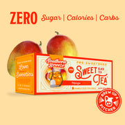 Box of Southern Breeze Sweet Tea Family Size Mango flavor with mangoes on a beige background. Zero sugar, zero calories, zero carbs. Brew up a pitcher.