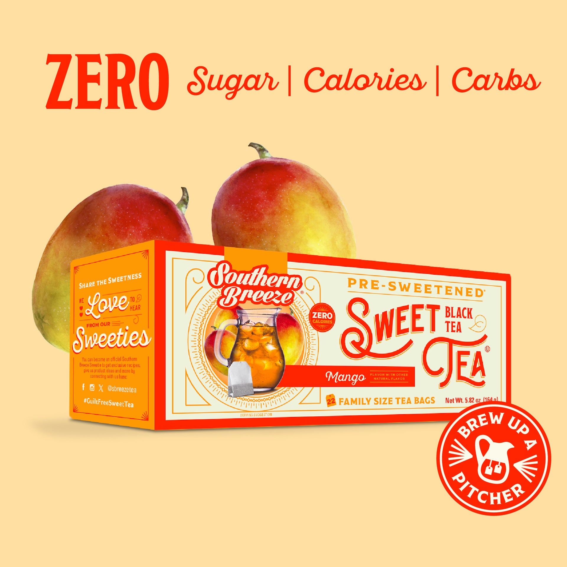 Box of Southern Breeze Sweet Tea Family Size Mango flavor with mangoes on a beige background. Zero sugar, zero calories, zero carbs. Brew up a pitcher.