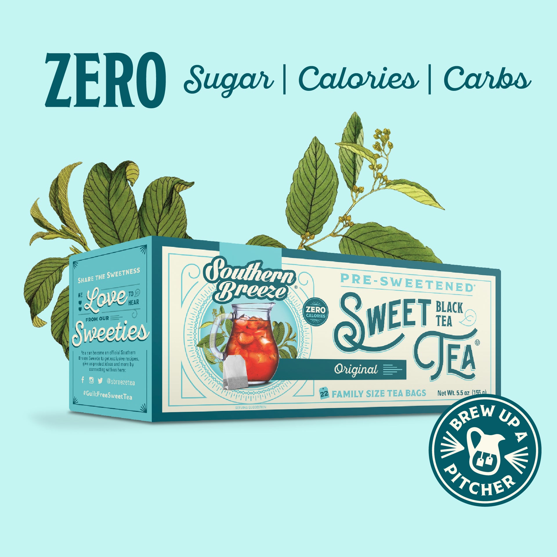 Box of Southern Breeze Sweet Tea with green leaves on a light blue background. Zero sugar, zero calories, zero carbs. Brew up a pitcher.
