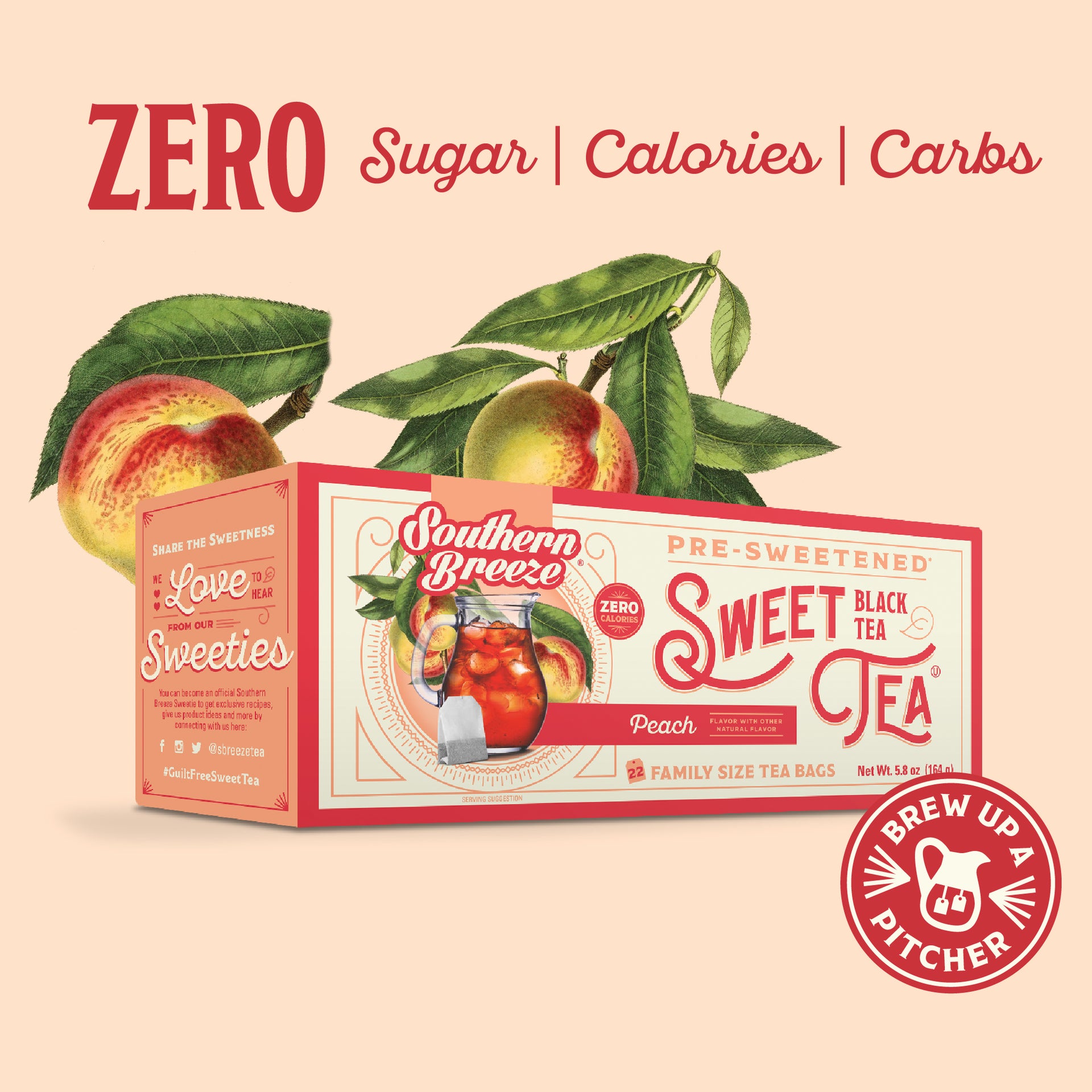 Southern Breeze Sweet Tea Family Size Peach packaging with peaches and green leaves on a beige background. Zero sugar, zero calories, zero carbs. Brew up a pitcher.