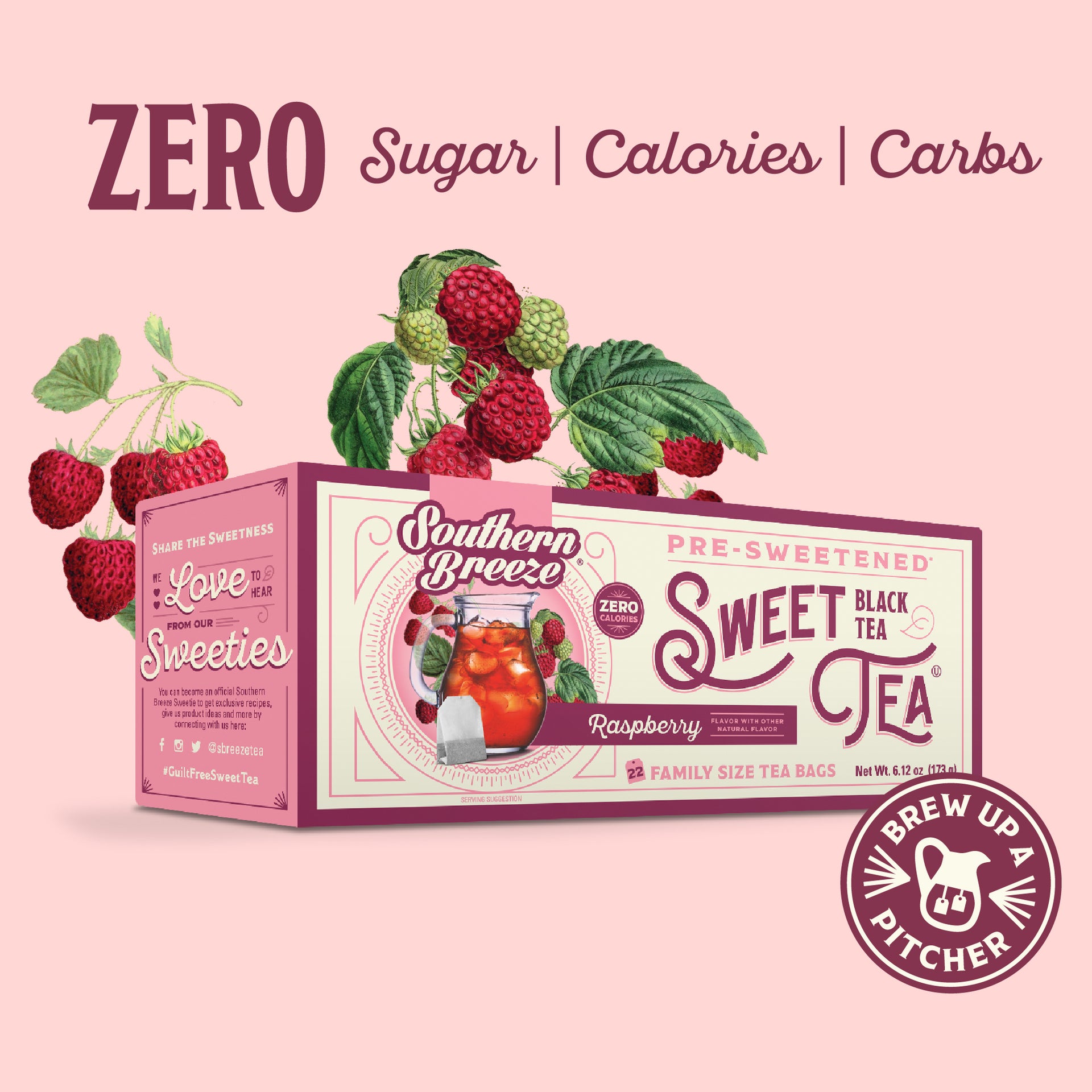 Box of Southern Breeze Family Size Raspberry Sweet Tea with raspberry illustration on a pink background. Zero sugar, zero calories, zero carbs. Brew up a pitcher.