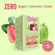 Southern Breeze Guava Cold Brew package with guava and leaves on a light green background. Ready in 5 minutes, Zero sugar, zero calories, zero carbs.