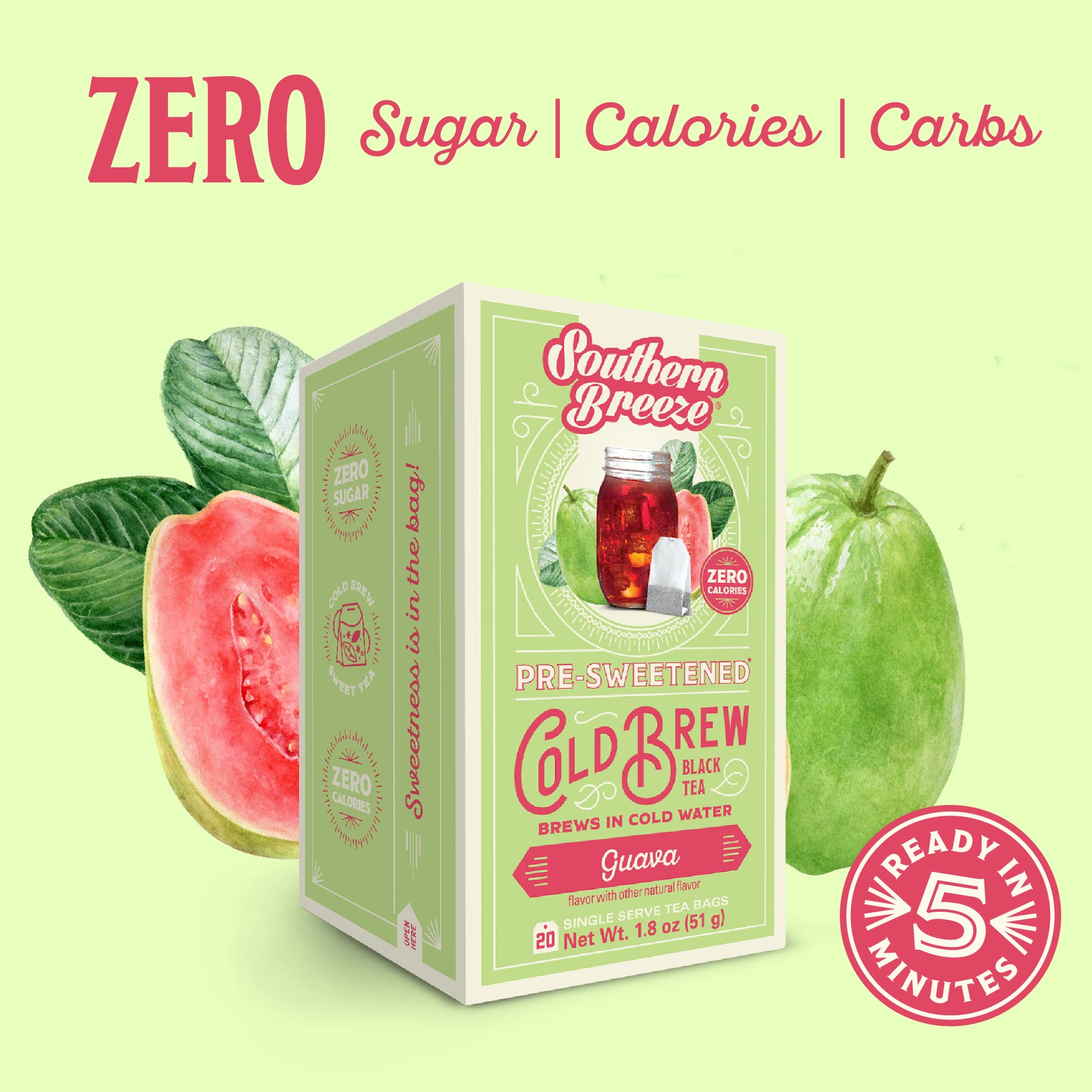 Southern Breeze Guava Cold Brew package with guava and leaves on a light green background. Ready in 5 minutes, Zero sugar, zero calories, zero carbs.