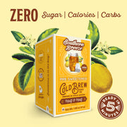 Southern Breeze pre-sweetened cold brew Half & Half lemon flavor tea package with lemons and text on a yellow background. Ready in 5 minutes, Zero sugar, zero calories, zero carbs.