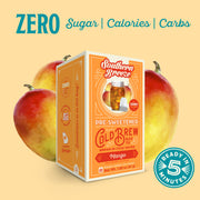 Southern Breeze pre-sweetened cold brew tea package with mango flavor, surrounded by mangoes on a beige background. Ready in 5 minutes, Zero sugar, zero calories, zero carbs.