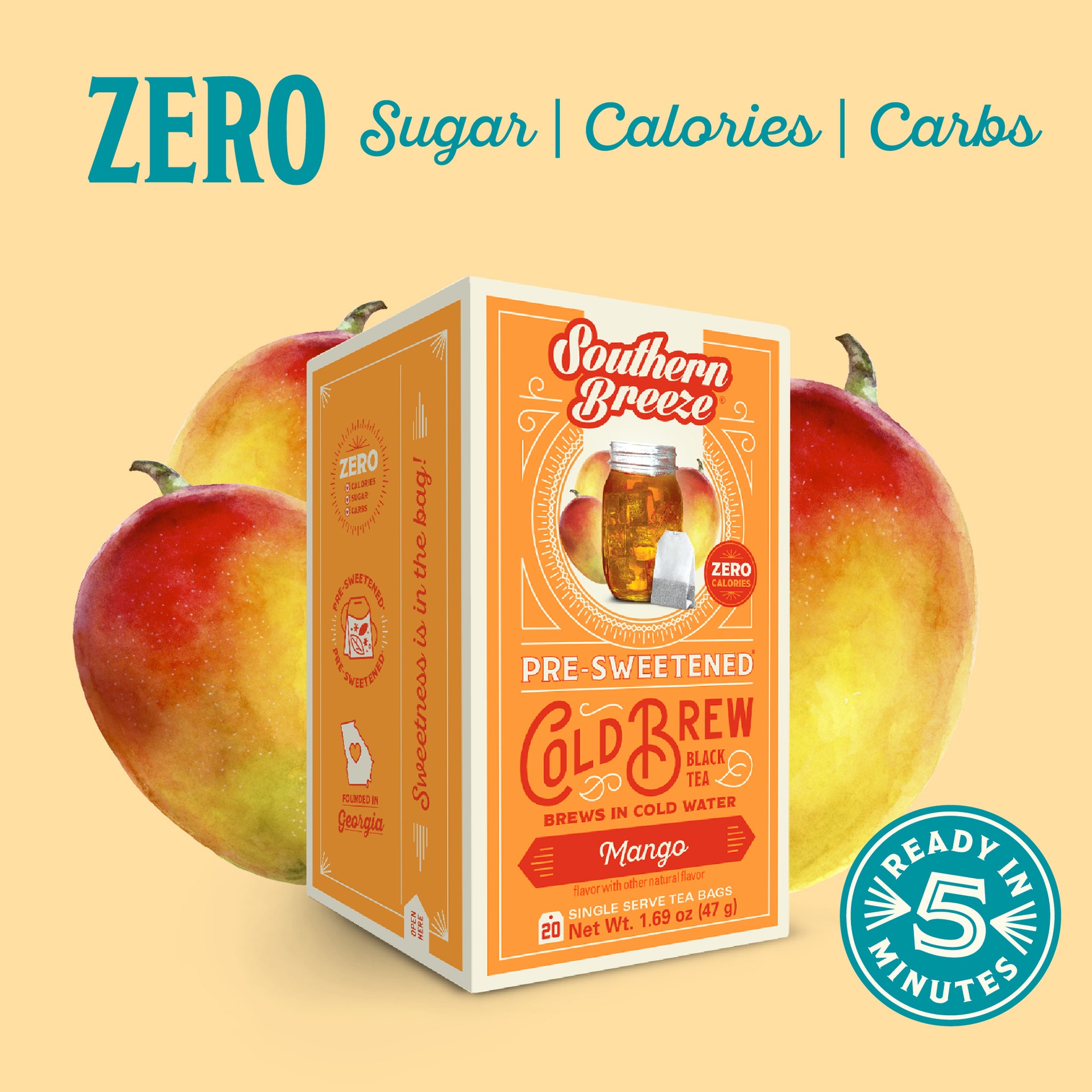 Southern Breeze pre-sweetened cold brew tea package with mango flavor, surrounded by mangoes on a beige background. Ready in 5 minutes, Zero sugar, zero calories, zero carbs.