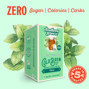 Southern Breeze pre-sweetened cold brew Mint tea packaging with mint leaves on a light green background. Ready in 5 minutes, Zero sugar, zero calories, zero carbs.