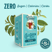 Southern Breeze Original pre-sweetened cold brew tea box on a light blue background with leaves. Ready in 5 minutes, Zero sugar, zero calories, zero carbs.