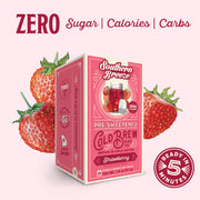 Southern Breeze Strawberry Cold Brew tea box with strawberries on a light pink background. Ready in 5 minutes, Zero sugar, zero calories, zero carbs.