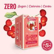 Southern Breeze Sweet Cherry Cold Brew package with cherries on a pale pink background. Ready in 5 minutes, Zero sugar, zero calories, zero carbs.