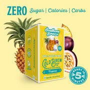 Southern Breeze pre-sweetened cold brew tea packaging with a pineapple and tropical fruit on a yellow background. Ready in 5 minutes, Zero sugar, zero calories, zero carbs.