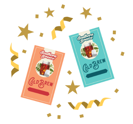 graphic with confetti and boxes of southern breeze sweet tea cold brew